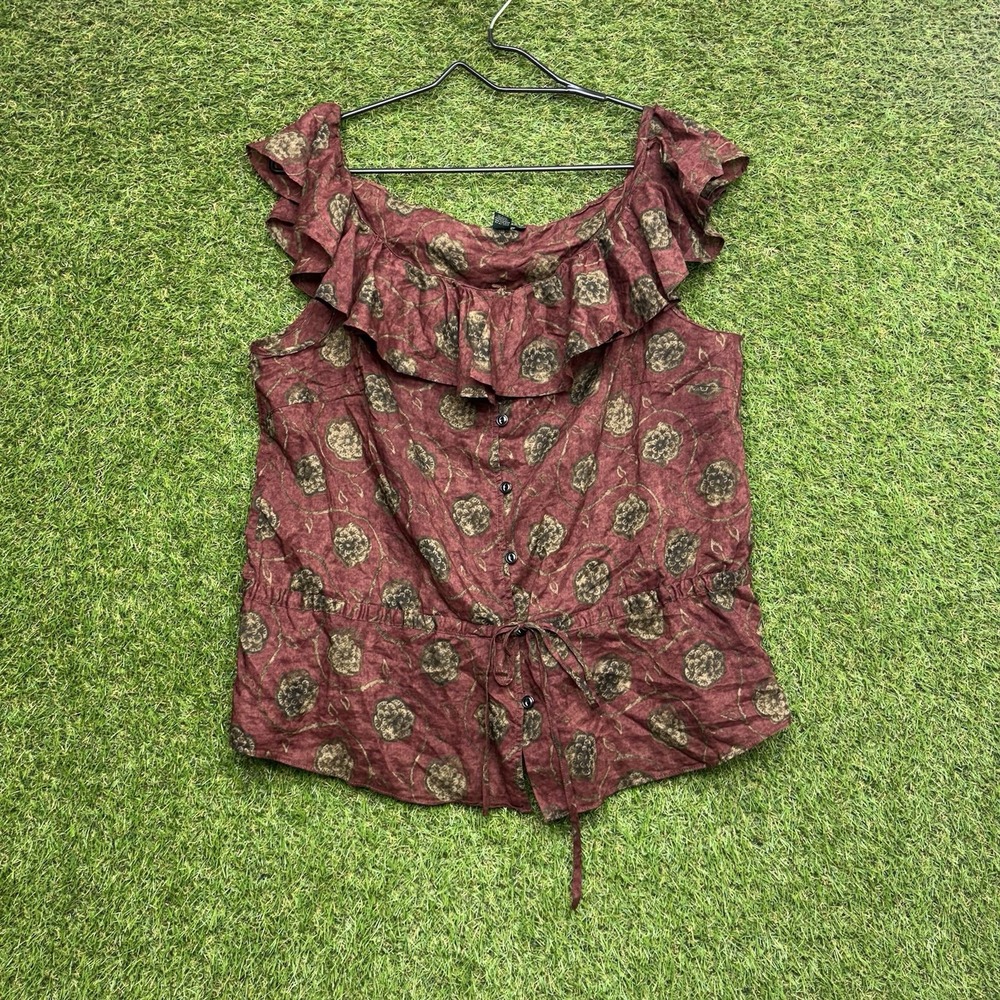 Ralph Lauren Sleeveless Top Womens Large Floral Ruffle Neckline Blouse Boho